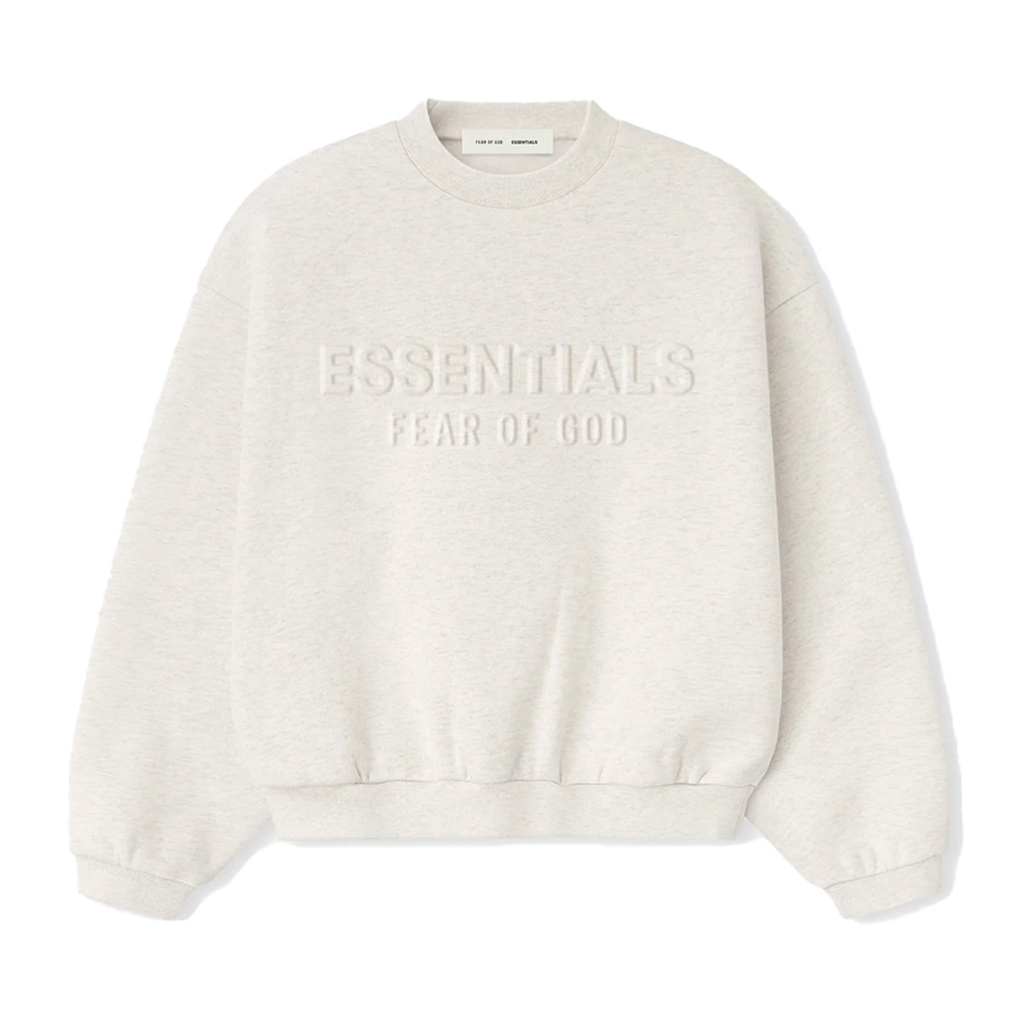 FEAR OF GOD ESSENTIALS KID'S EMBOSSED CLASSIC CREWNECK SWEATSHIRT OATMEAL HEATHER