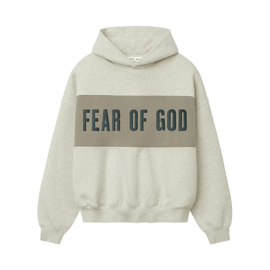 FEAR OF GOD ESSENTIAL CROPPED RELAXED PANELLED HOODIE SEAL VANILLA HEATHER/SEAL