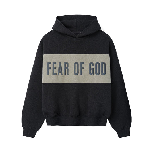 FEAR GOD ESSENTIAL CROPPED RELAXED PANNELED HOODIE IRON GREY HEATHER/SEAL HEATHER