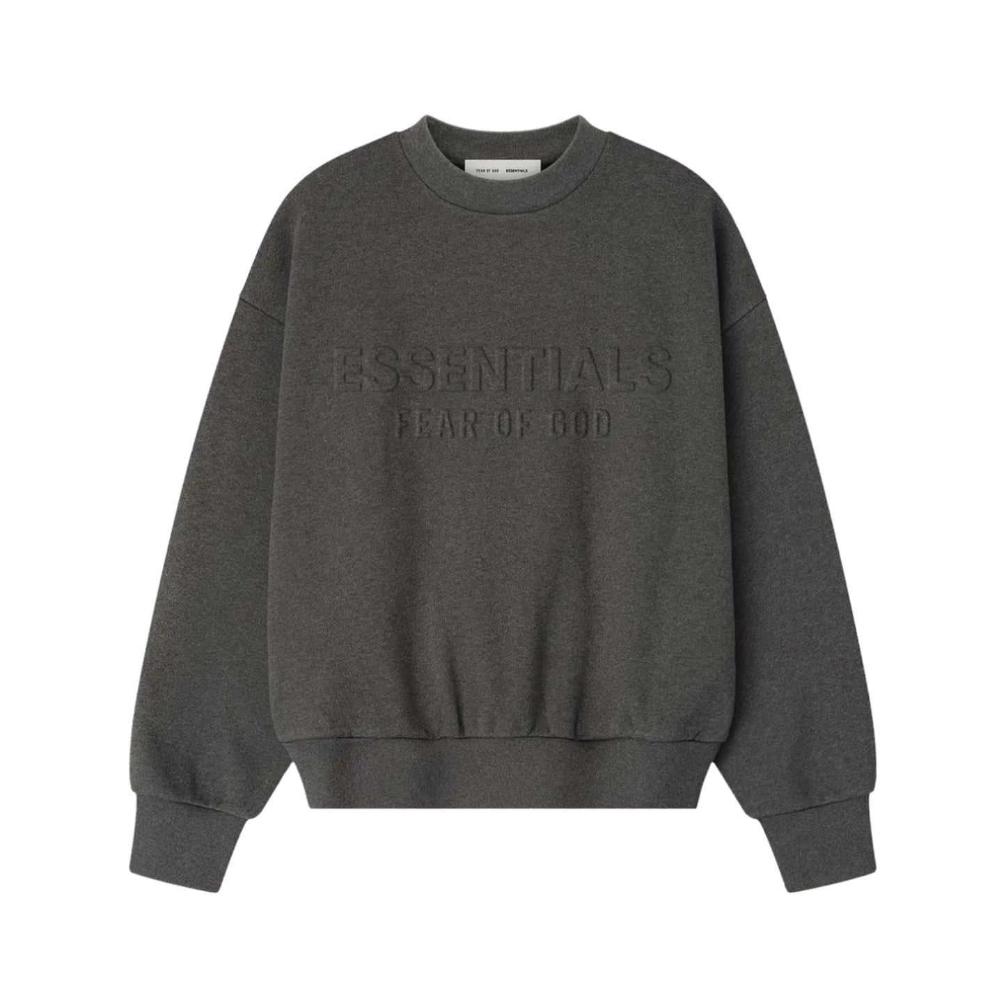 FEAR OF GOD ESSENTIALS EMBOSSED CLASSIC CREWNECK SWEATSHIRT CHARCOAL HEATHER